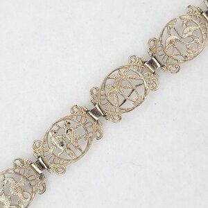 Vintage Germany Bracelet Tropical Seahorse Parrots Palm Trees Silver Tone 7"